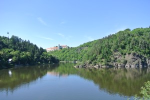 Looking at Bítov Castle and Dam